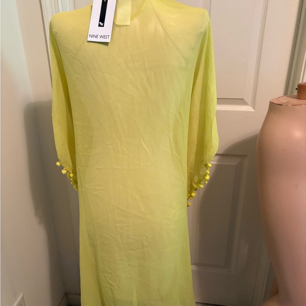 Nine West one size NWT $36 lime Sheer Kimono with Pom Pom Trim fun beach cover - Picture 7 of 11